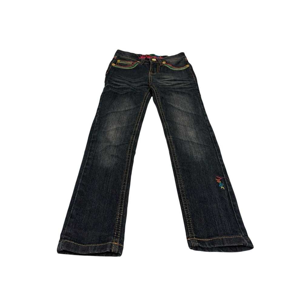 Coogi Jeans Girls Size 5 Blue Dark Wash Straight Leg Rainbow Embroidered Denim
